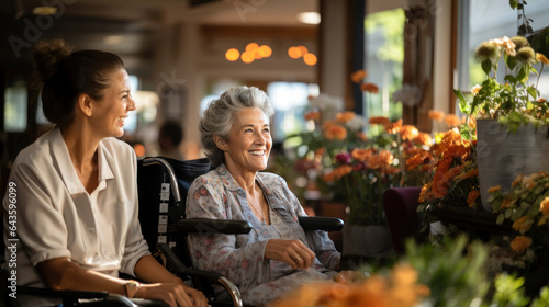 Smiling senior woman in wheelchair with her caregiver in flower corner at nursing home.