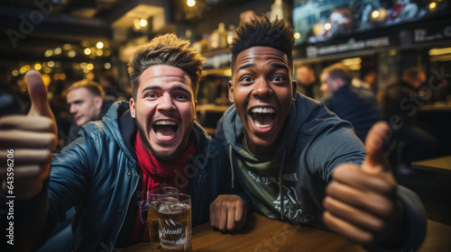 Group of friends having fun in a pub. Happy young men drinking beer and show thumbs up.