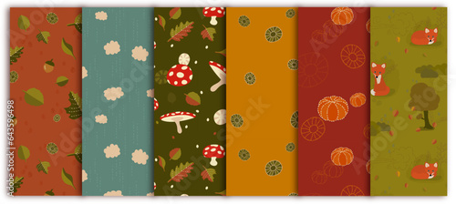 Set of lovely Dutch autumn seamless vector patterns containing leaves, foxes, wind, rain, pumpkins, and forrest items like mushrooms