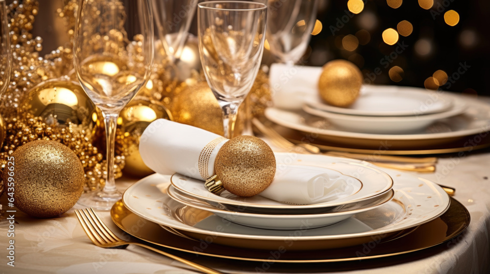 christmas table setting  with Christmas golden balls. Generative Ai