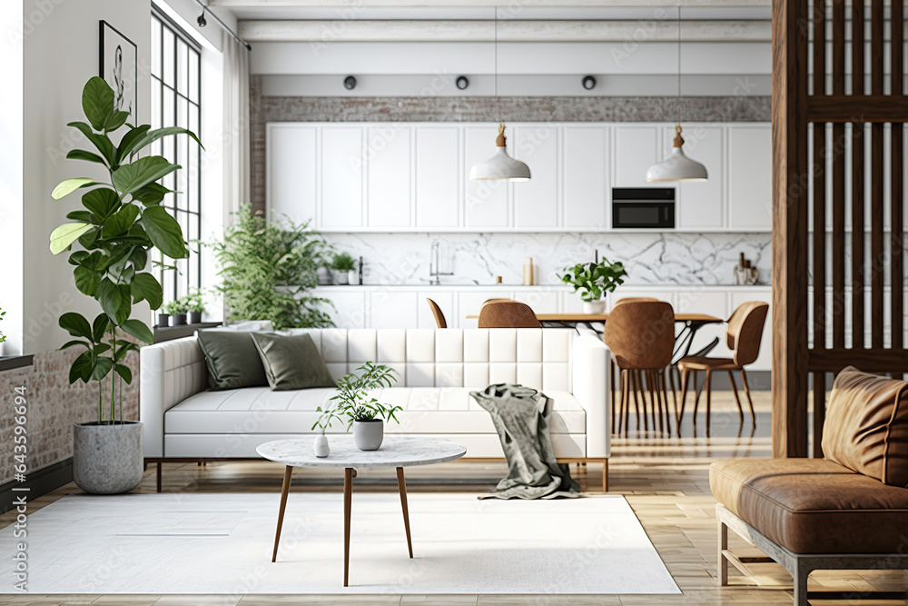 A loft-style modern studio apartment with wooden columns, brick, marble, and wood decorations, trendy furniture, and white walls. Generative AI A loft-style modern studio apartment with wooden columns, brick, marble, and wood decorations, trendy furniture, and white walls. Generative AI