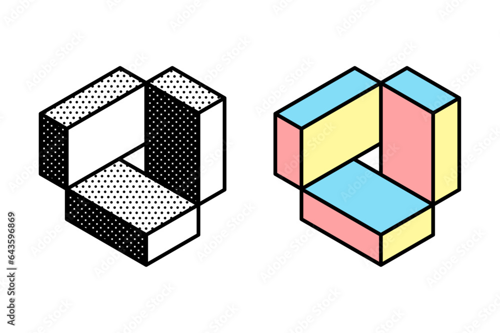 Isometric triangle logo. Optical illusion sign. Retro 3D icons set with black and white polka dots and colored options. Vector impossible shape for halftone label, crypto company, vintage posters. Isometric triangle logo. Optical illusion sign. Retro 3D icons set with black and white polka dots and colored options. Vector impossible shape for halftone label, crypto company, vintage posters.
