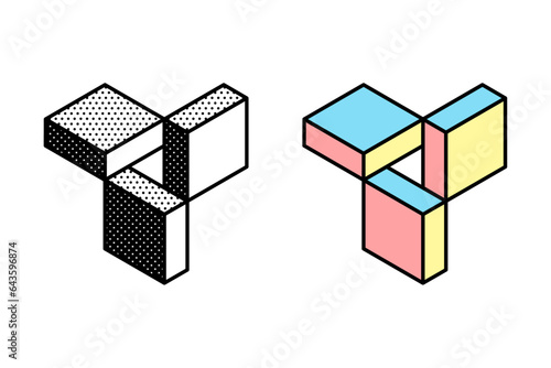 Isometric triangle logo. Optical illusion sign. Retro 3D icons set with black and white polka dots and colored options. Vector impossible shape for halftone label, crypto company, vintage posters.