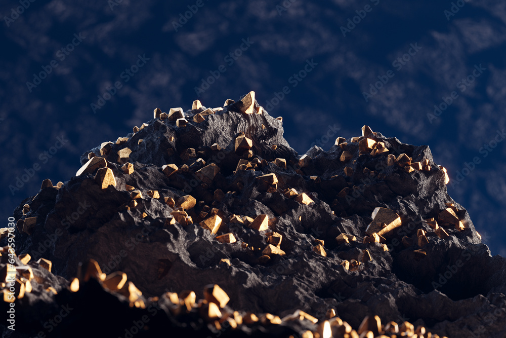 Gold pieces in the rocks. A gold mine. Noble metal. Golden nuggets. Gold ore.