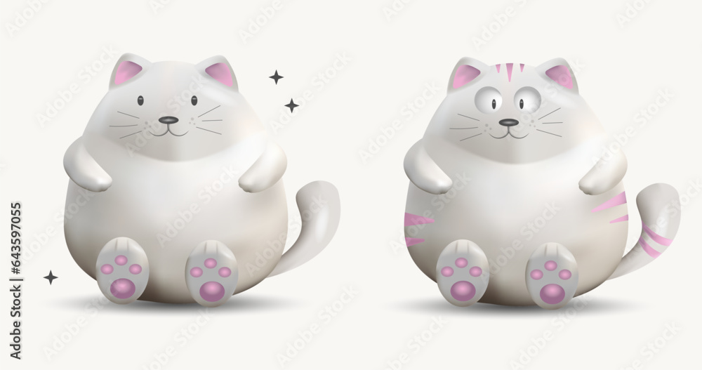 Cute white tabby cat. Realistic 3d design element In plastic cartoon style.Fat kitty isolated on white background. Vector illustration Cute white tabby cat. Realistic 3d design element In plastic cartoon style.Fat kitty isolated on white background. Vector illustration