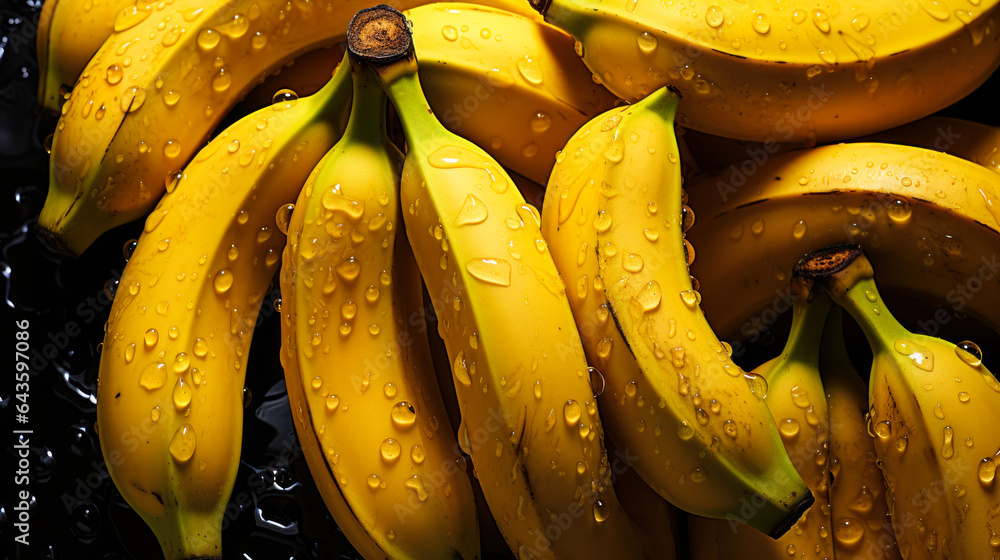 Fresh Banana Fruits Pile: Top View Texture with Water Spots Fresh Banana Fruits Pile: Top View Texture with Water Spots