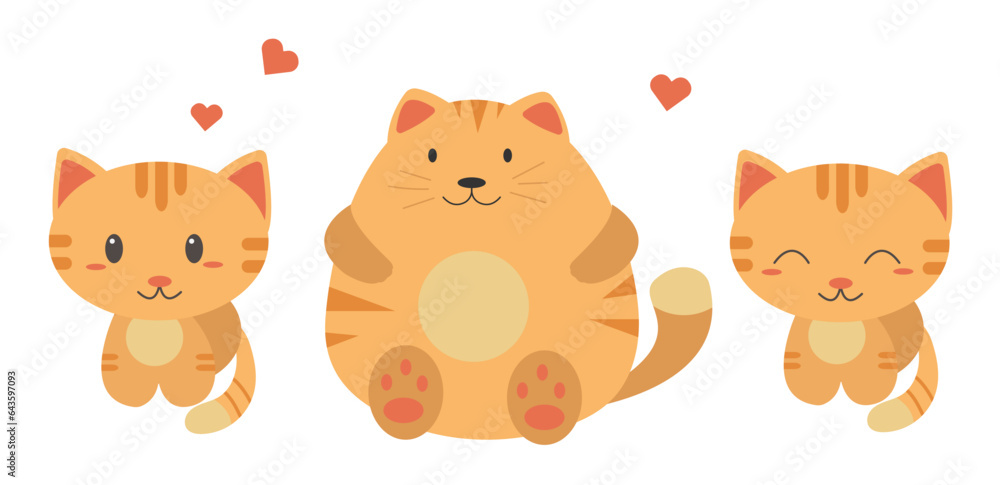 Fototapeta premium Vector set of cute orange tabby cat characters isolated on white background. Fat kitty in flat style