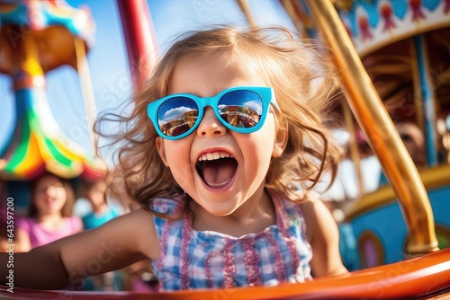 happy child playing carousel in the amusement park