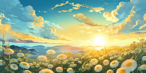 painting style illustration of flower meadow landscape at sunset time, Generative Ai