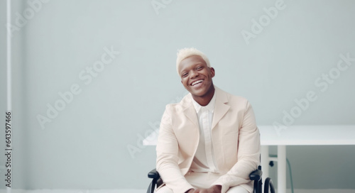 Happy Afro albino man in wheelchair posing in a office agaisnt white wall. Generative AI photo