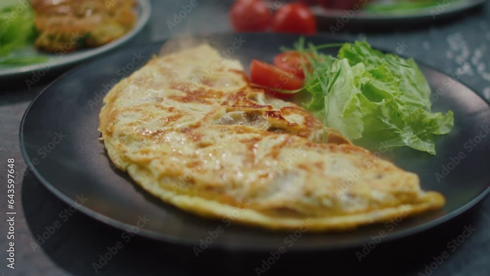 omelet with lettuce and tomato on a plate in artificial smoke omelet with lettuce and tomato on a plate in artificial smoke