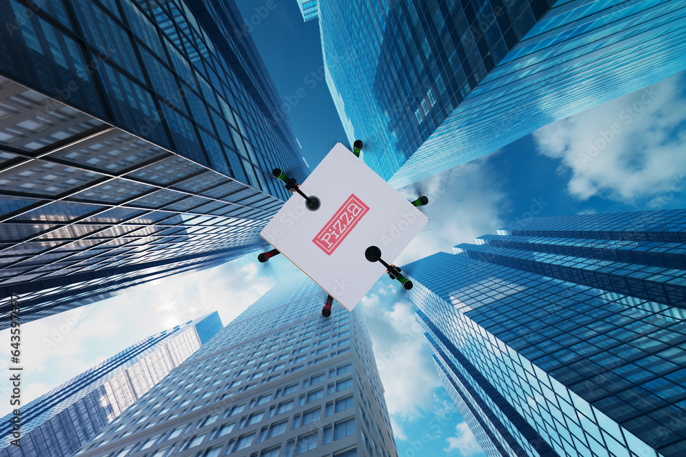 A drone delivering a pizza straight to a customer's home in a bustling cityscape