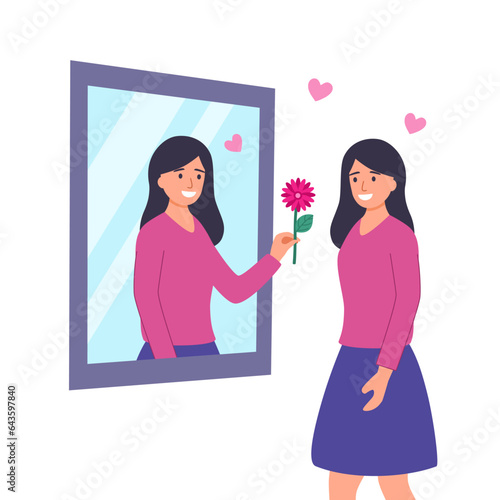 Self love or self care concept vector illustration. Woman in the mirror giving flower to herself in flat design on white background.