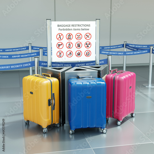 A sign displaying prohibited items at an airport security checkpoint. Luggage photo