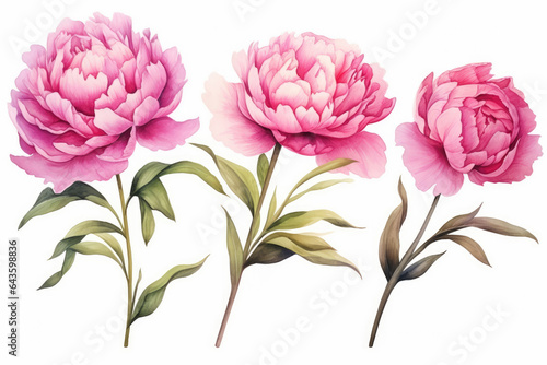 Watercolor image of a set of peony flowers on a white background