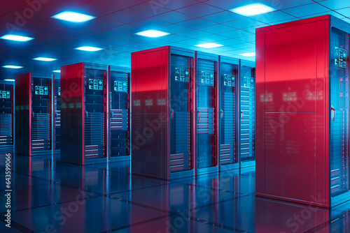 Countless modern server cabinets in a render farm. Red light error warning.