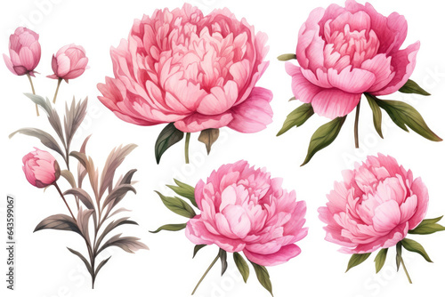 Watercolor image of a set of peony flowers on a white background