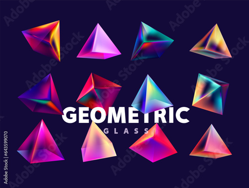 Colored 3D glass pyramids on dark background. Set of multicolor vector geometric shapes.