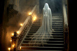 Ghostly silhouette of a woman in a white veil on the stairs of an ancient palace, generative ai