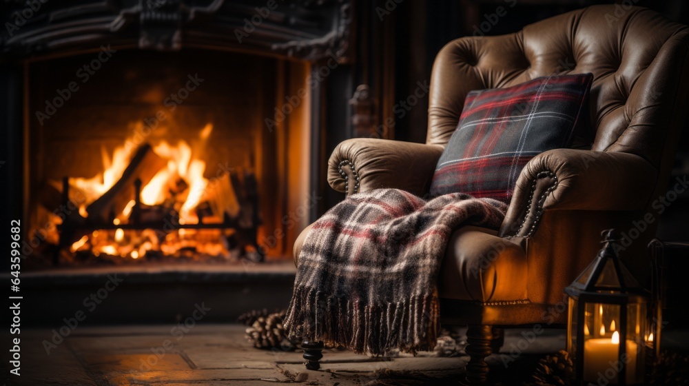Cozy chair by a warm fireplace, Christmas holidays
