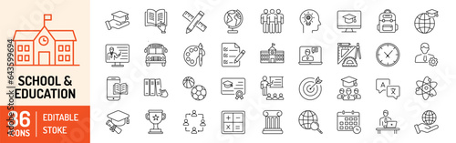 School and Education editable stroke outline Icons set. School, education, book, teacher, eLearning, history, school bus, diploma and geometry. Vector illustration