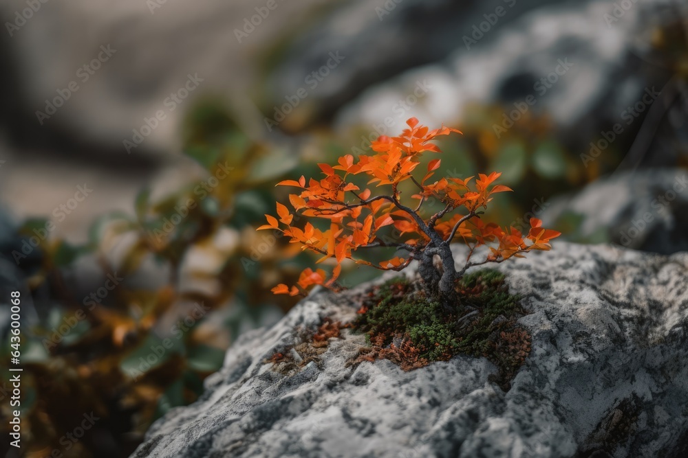 Bonsai tree growing out of a rock with orange leaves Bonsai tree growing out of a rock with orange leaves