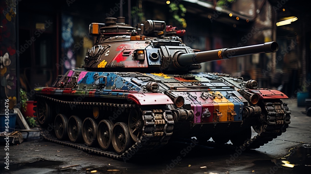 Military tank painted with bright graffiti paint Generative AI - obrazy, fototapety, plakaty 