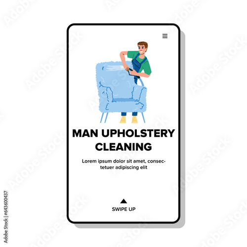 sofa man upholstery cleaning vector. house room, service chemical, equipment cleaner sofa man upholstery cleaning web flat cartoon illustration