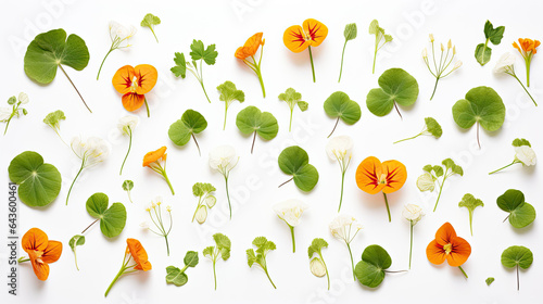 Nasturtium flowers and leaves pattern on white background, floral flat lay  photo