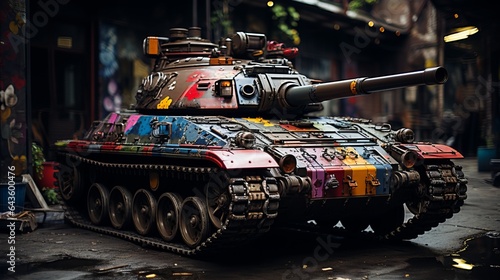 Military tank painted with bright graffiti paint Generative AI