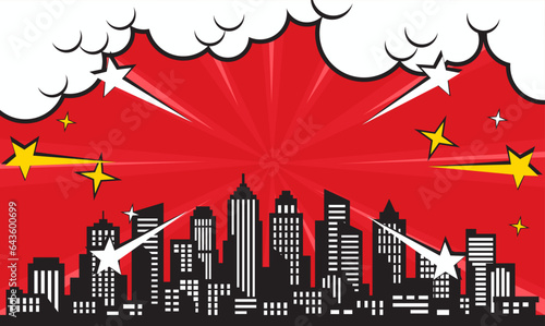 pop art comic background with city silhouette and cloud illustration. flat comic style background