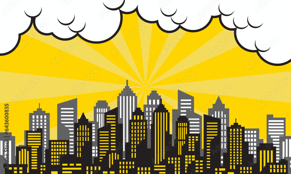 Fototapeta premium pop art comic background with city silhouette and cloud illustration. flat comic style background