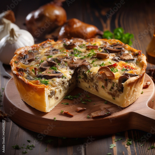 Traditional french Baked homemade quiche pie on wooden cutting board