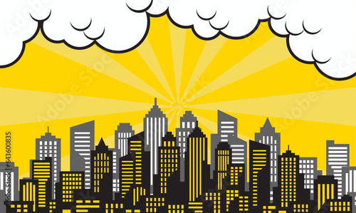 pop art comic background with city silhouette and cloud illustration. flat comic style background