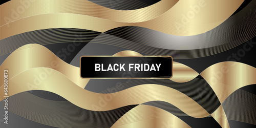 Black Friday Sale. Banner, poster, logo golden color on dark background.shopping , big percent label discount. Creative marketing concept. Vector illustration dark ballon and lighting