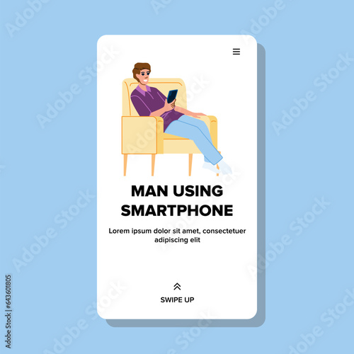 mobile man using smartphone vector. phone happy, technology communication, mobile phone mobile man using smartphone web flat cartoon illustration