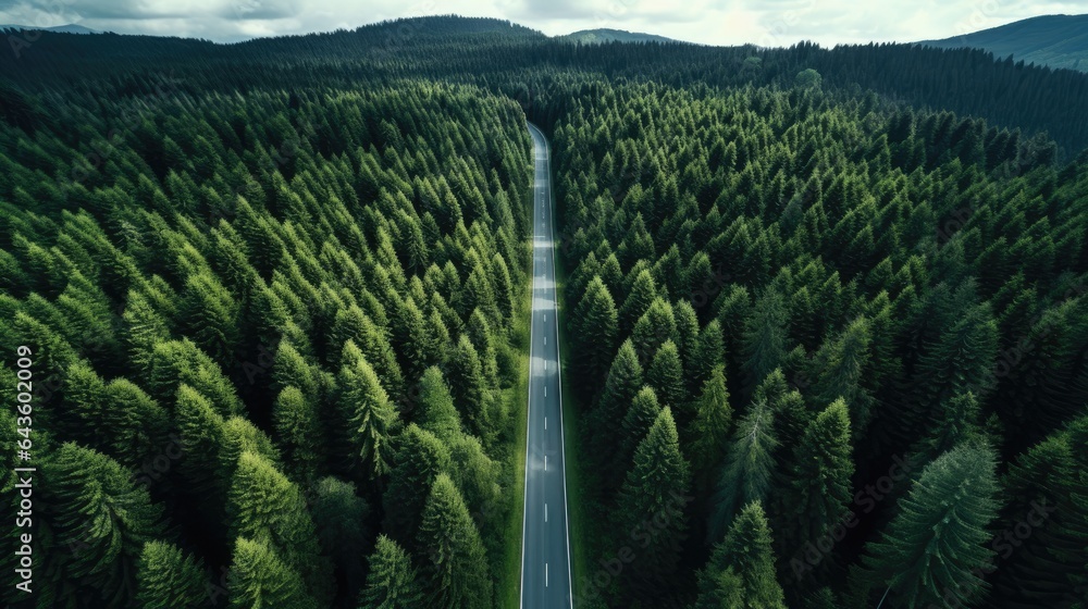 Green forest and straight asphalt road drone photo, generative ai - obrazy, fototapety, plakaty 