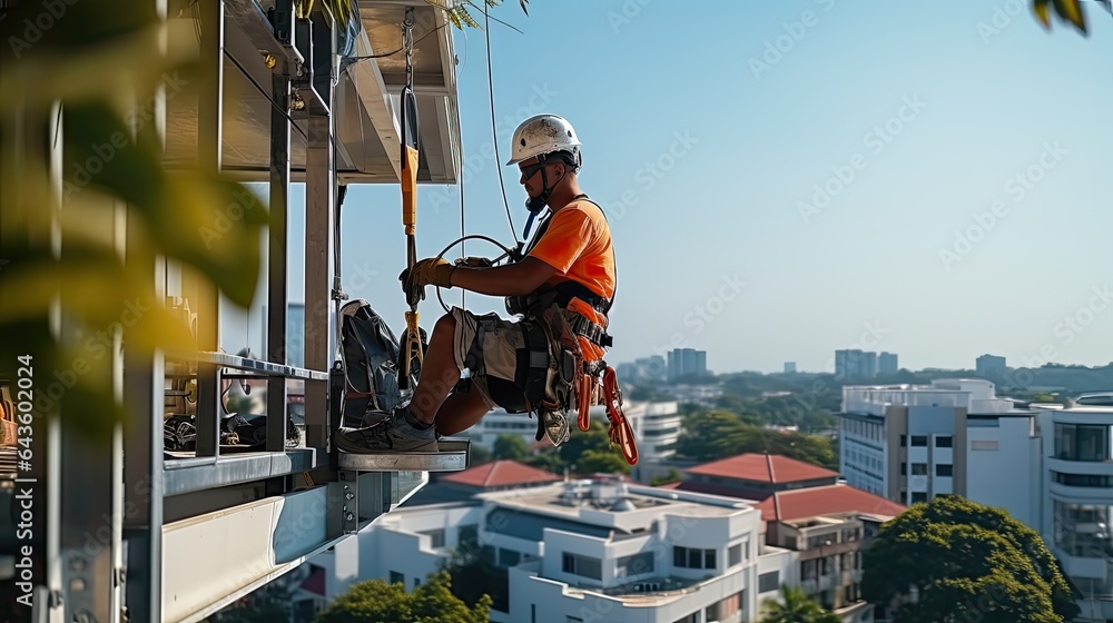 Aerial platform for workers who work at height on buildings - obrazy, fototapety, plakaty 