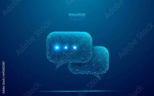 Two digital dialogue bubbles in futuristic low poly wireframe style. Abstract communication, discussion, messenger, chat concept. Chatbot or massage symbol consisting of connected glowing light dots.