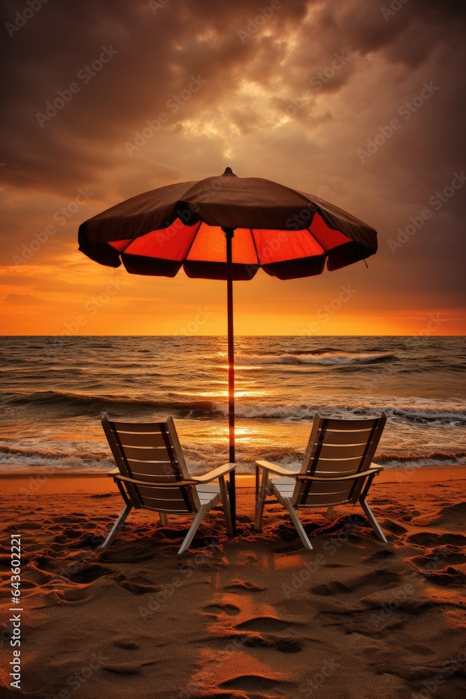 Two chairs and an umbrella on the beach, evening sunset, generative ai Two chairs and an umbrella on the beach, evening sunset, generative ai