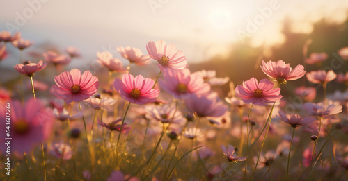 sunset pink flower colorful violet beautiful blooming background meadow nature field. Generative AI.