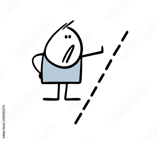 Strict man stops strangers, forbids foreigners to cross the border. Vector illustration of the stop sign and personal boundaries in psychology.