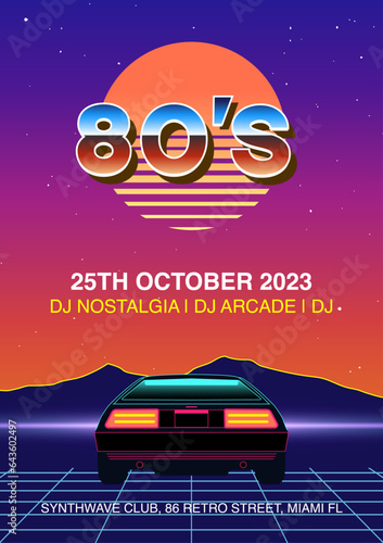 Obraz na płótnie 80's poster, flyer project with car, horizon, sunset, mountains and stars. Early 90's template for music event, concert and movie. Inspired by synthwave, retro and cyberpunk. Vector graphic. w salonie