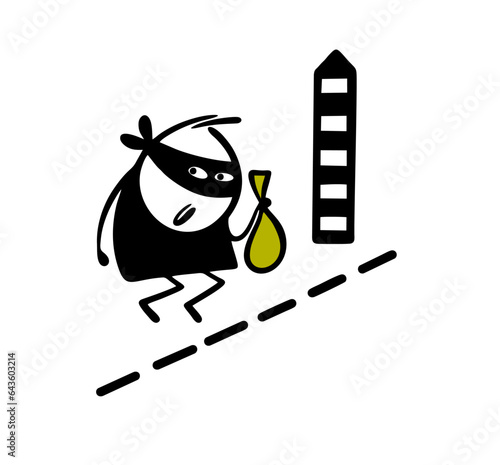 Cunning man in a black mask crosses the border with a dotted line. Vector illustration of a robber running away with a bag of money from a bank to another country.