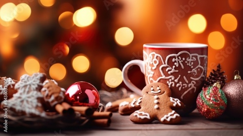 cup of coffee with christmas cookies on wooden table  christmas background. Christmas Concept with Copy Space.