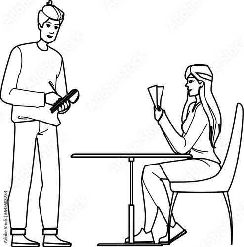waiter take order vector. restaurant menu, service cafe, taking wine, customer serving, food writing waiter take order character. people black line illustration