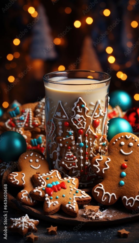Cup of coffee with gingerbread cookies and Christmas lights on background. Christmas Concept with Copy Space.
