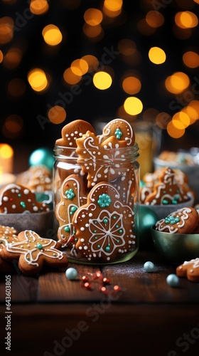 Delicious gingerbread cookies on table against blurred lights, closeup. Christmas Concept with Copy Space. © John Martin