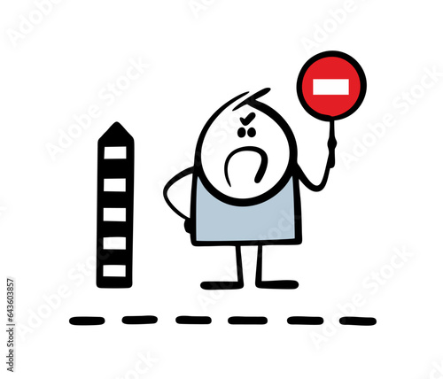 Strict stickman stands at the border, holds prohibition sign and does not allow visitors without a visa. Vector illustration of guard, stop banner and restrictive policy on migrants.