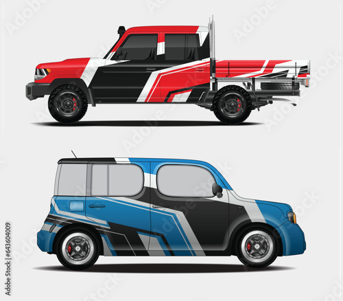  car graphic livery design vector. Graphic abstract stripe racing background designs for wrap cargo van, race car, pickup truck, adventure